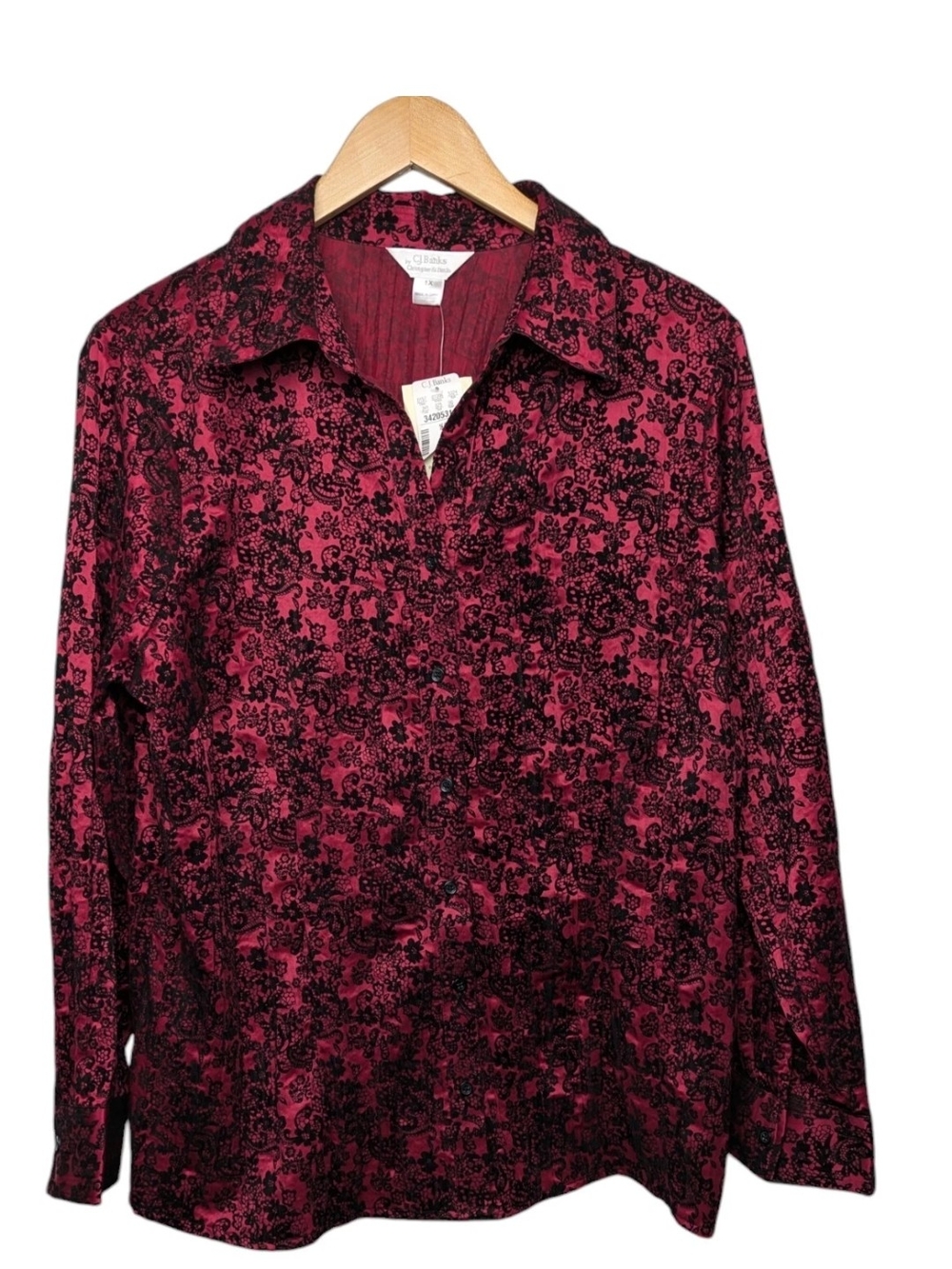 CJ Banks Burgundy and Black Floral Flocked Button-Front Blouse